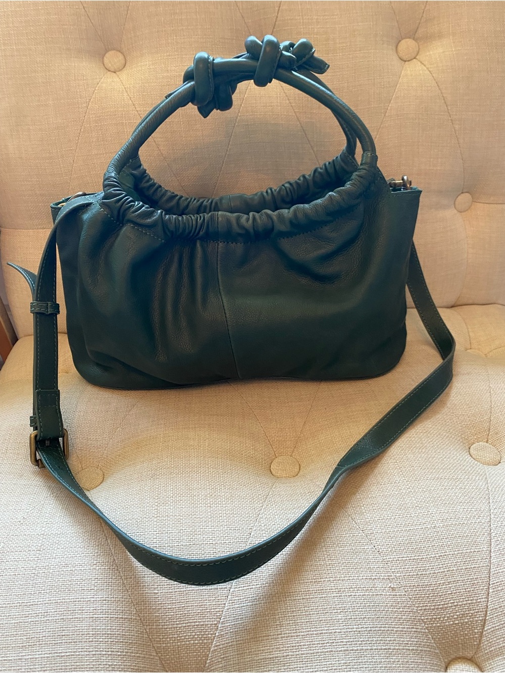 Free People Dark Green Leather Satchel with Knotted Handle